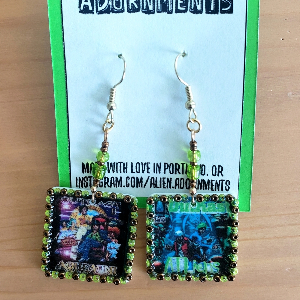 Handmade Outkast Dangle Earrings in Green & Gold